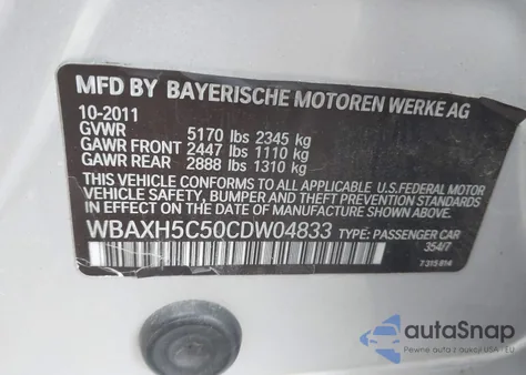 2012 BMW 528I xDrive из США, поврежденный, VIN WBAXH5C50CDW04833